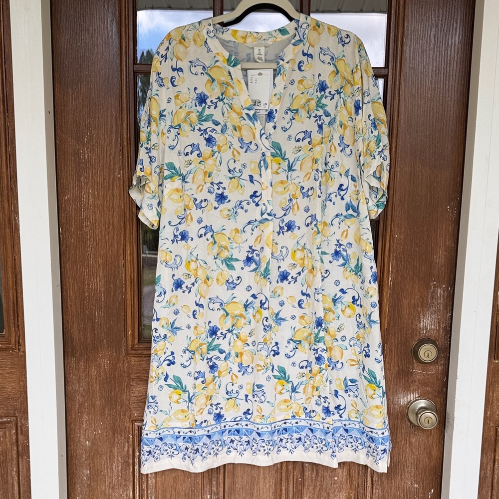 H&M White Tunic with Yellow Lemon & Blue Floral Print